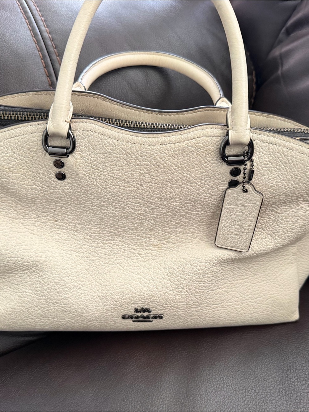 COACH Drew Satchel Chalk White Pebble Leather Python Snake Detail Bag  AS IS